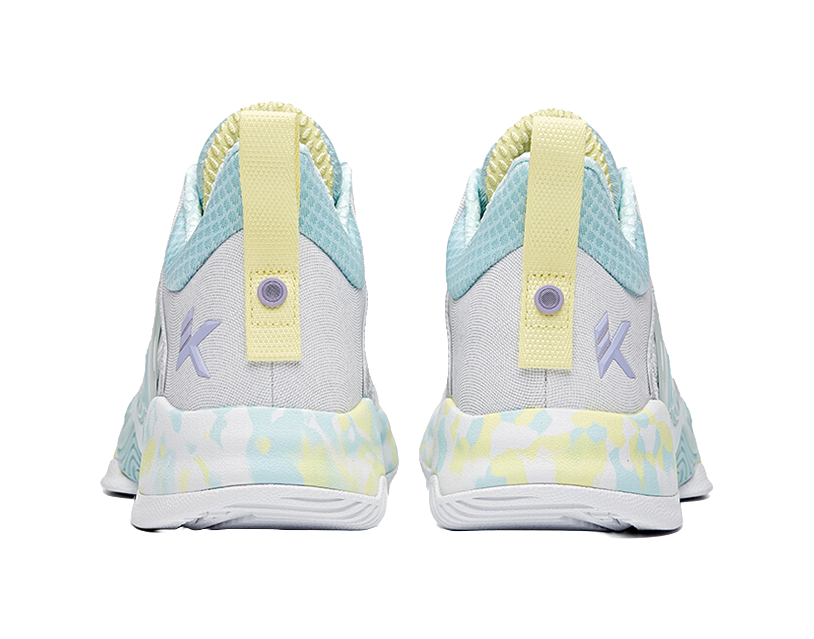 White, light blue and yellow-trim lace-up sneakers with heel cushioning and K logos