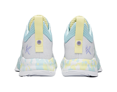 White, light blue and yellow-trim lace-up sneakers with heel cushioning and K logos