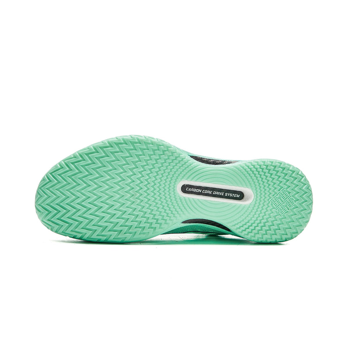 Basketball shoe outsole with zigzag traction pattern in mint-green rubber.