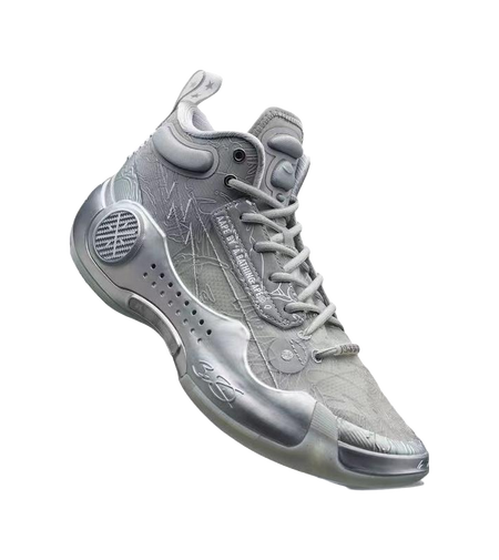 Gray mid-top basketball shoes with lace-up closure, round toe vent, and padded ankle collar.