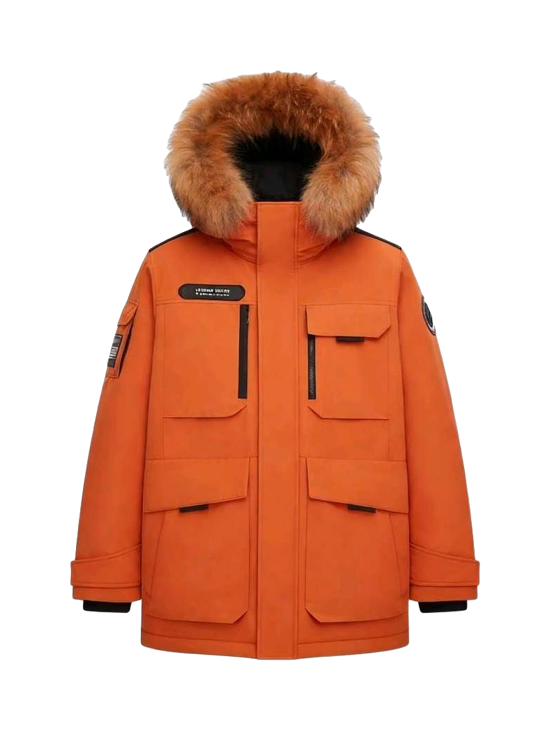 Orange winter down jacket with faux-fur hood, zip front, and flap chest pockets