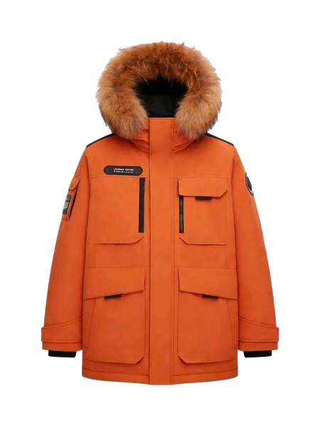 Orange winter down jacket with faux-fur hood, zip front, and flap chest pockets