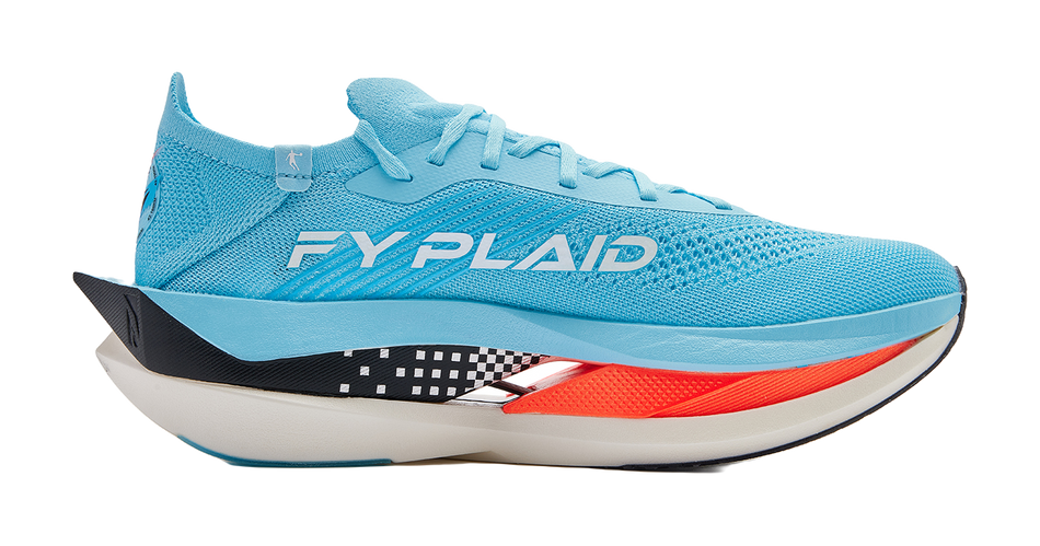 Light blue low-top running shoe with FY-FLAP logo and checkered side panel