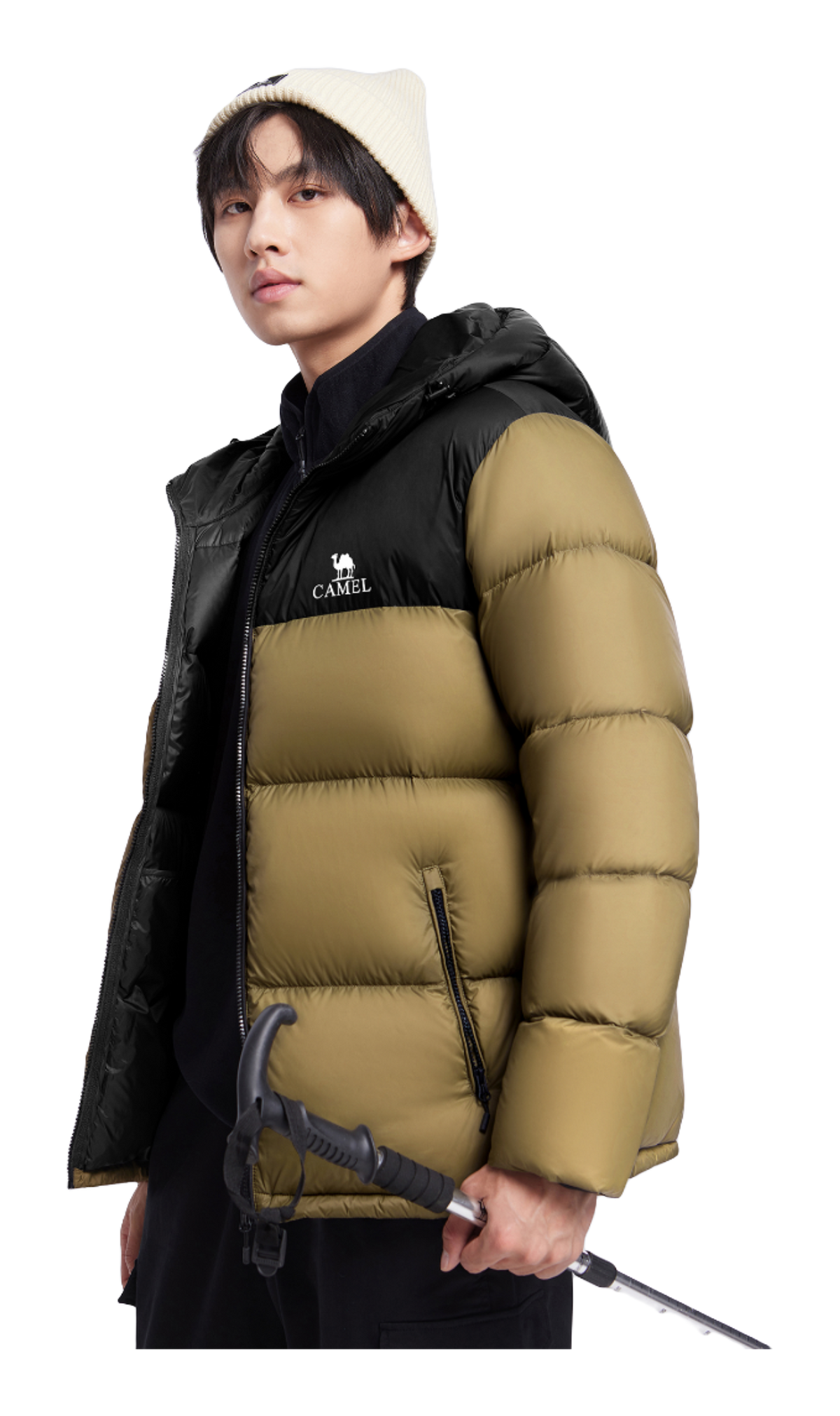 Men's hooded two-tone puffer down jacket on model: black upper and olive sleeves
