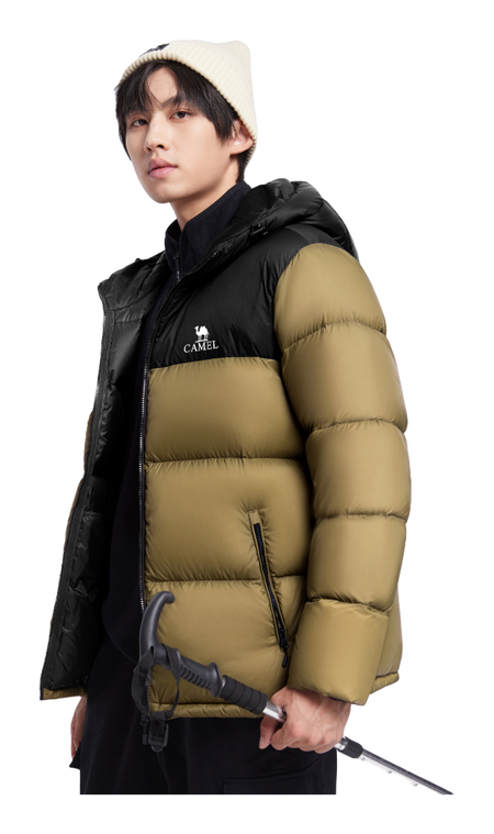 Men's hooded two-tone puffer down jacket on model: black upper and olive sleeves