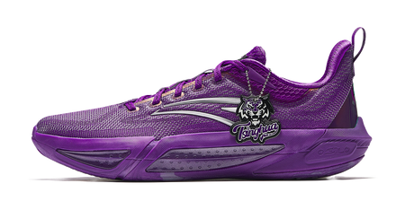 Unisex basketball shoes in fluorescent violet, low-top lace-up, side profile