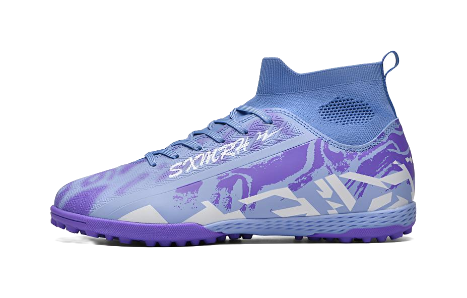 Purple and light blue unisex TF soccer shoe with knit collar and lace-up front