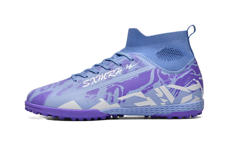 Purple and light blue unisex TF soccer shoe with knit collar and lace-up front