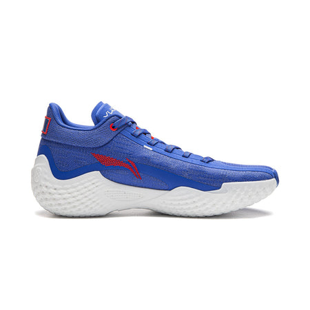 Blue basketball shoes with red accent logo, textured knit upper, and white sole