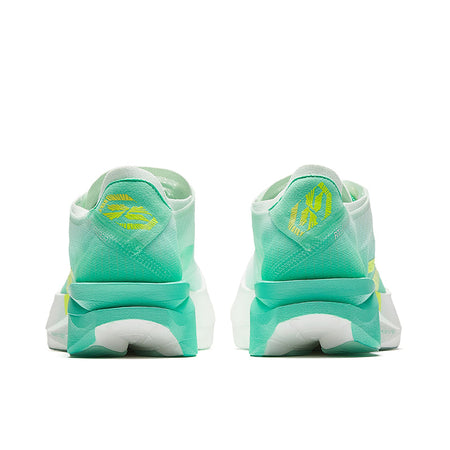 Back of lace-up racing shoe with green heel counter and neon yellow logo patch