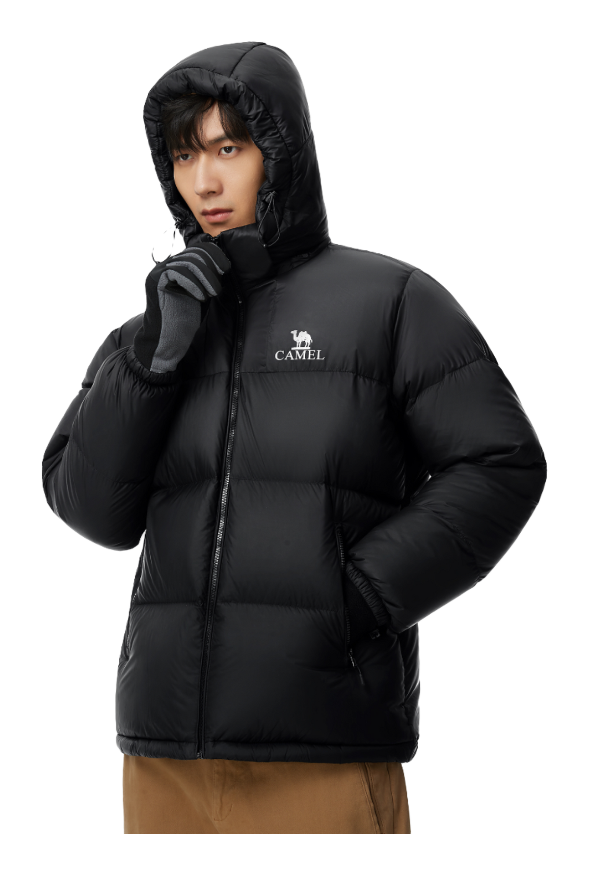 Black hooded puffer jacket with CAMEL logo, full zip; standing collar hood.