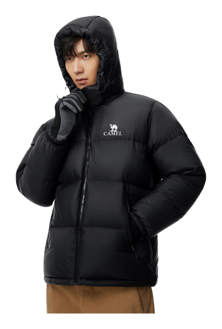 Black hooded puffer jacket with CAMEL logo, full zip; standing collar hood.