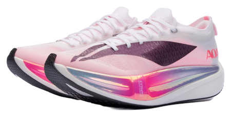White and pink low running shoe with black stripe overlay and AOA logo on side