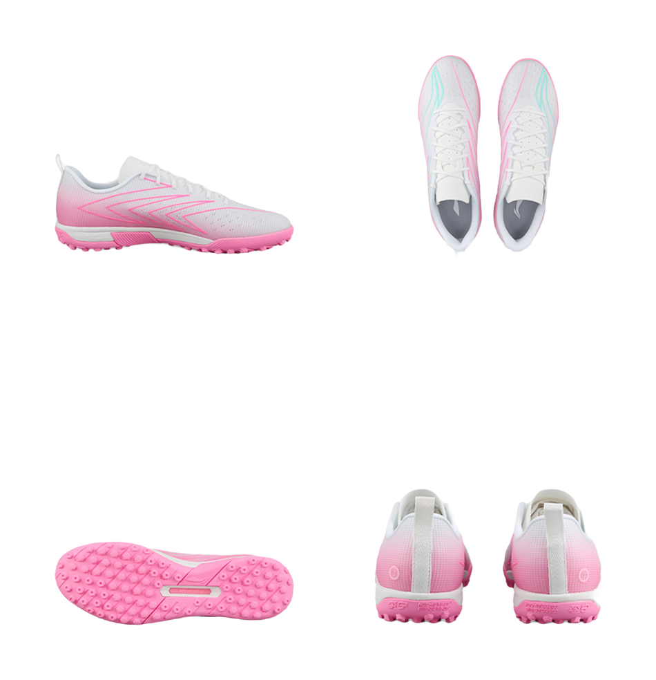 Unisex soccer cleats in fluorescent pink and white, showing heel and outsole studs