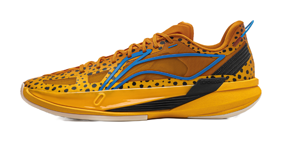 Men's low-top basketball shoe in orange with blue trim and black accents, lace-up
