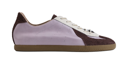 Lavender low-top sneaker with dark brown toe and side panels, white lace-up, gum sole