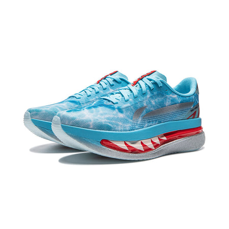 Women's running shoes, angled view, bright water blue upper with red midsole accent
