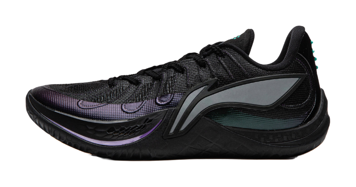 Men's black basketball shoe with teal and purple accents, lace-up knit upper