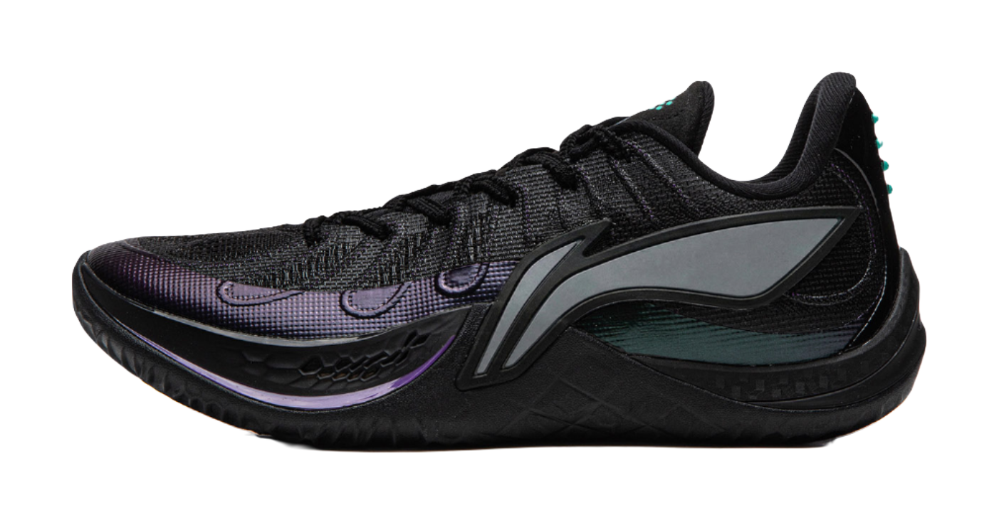 Men's black basketball shoe with teal and purple accents, lace-up knit upper