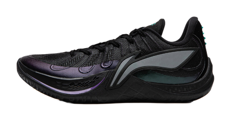 Men's black basketball shoe with teal and purple accents, lace-up knit upper