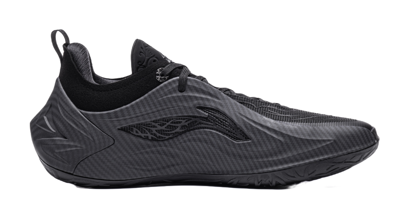 Li Ning low-top basketball shoes, black mesh upper with side logo and laces