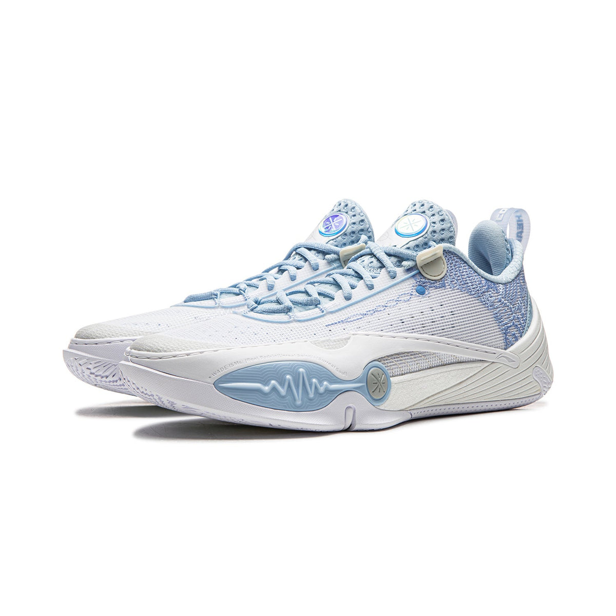 Men’s basketball shoe in white with light blue accents, angled profile with laces.