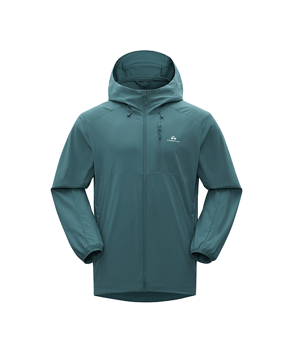 Men's hooded sun jacket in dark teal green with full-length front zipper