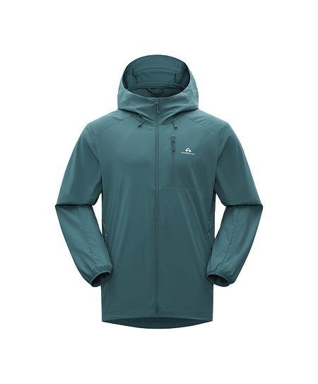 Men's hooded sun jacket in dark teal green with full-length front zipper