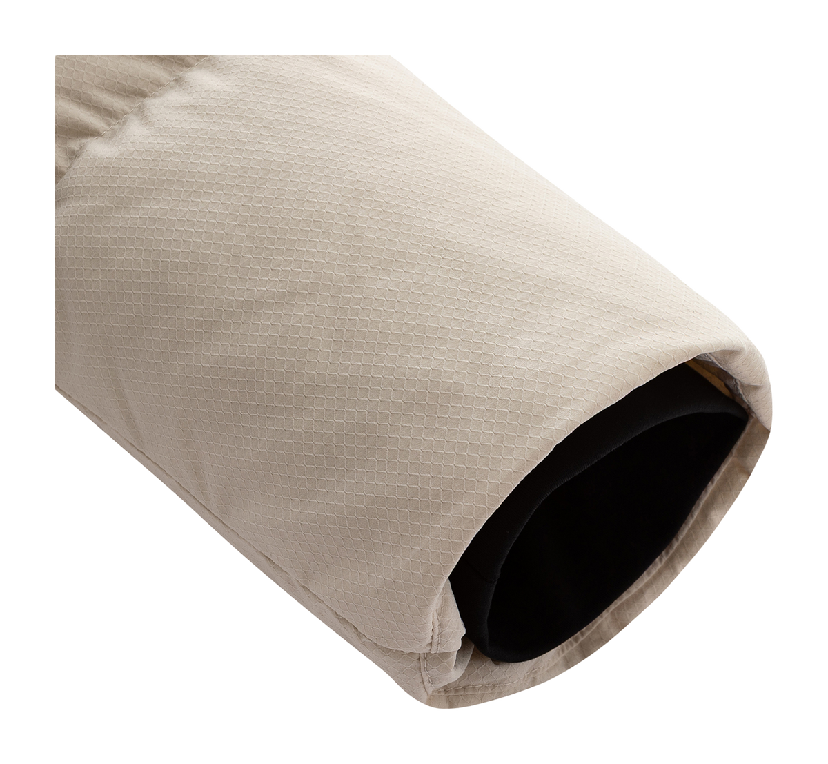 Puffer down jacket sleeve cuff with inner dark lining, light quilted fabric