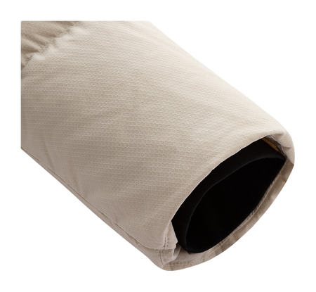 Puffer down jacket sleeve cuff with inner dark lining, light quilted fabric