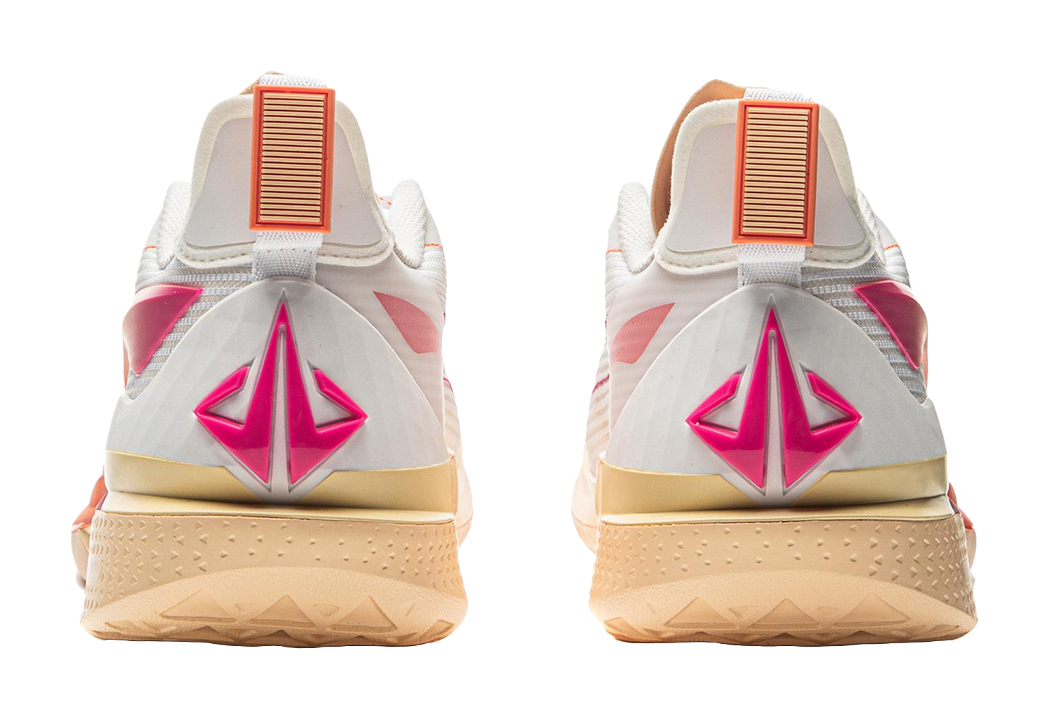 White basketball shoe heels with large magenta logo and orange ribbed tabs