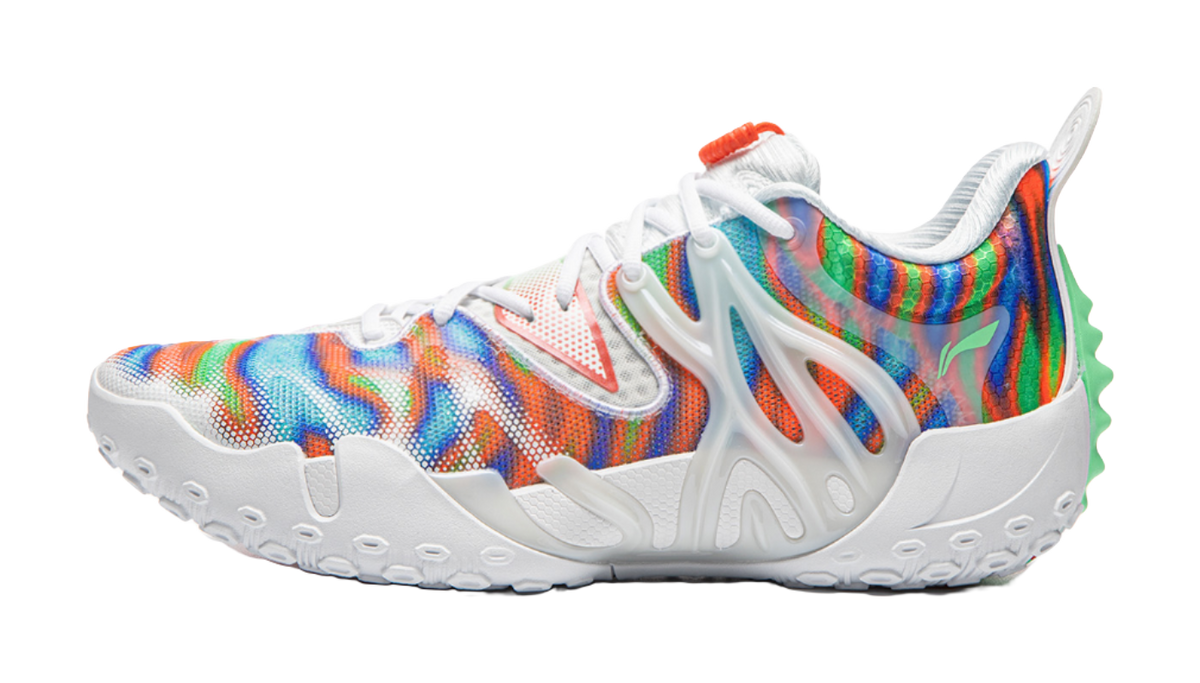 Li-Ning unisex basketball shoe, white base with multicolor upper and orange-red accents