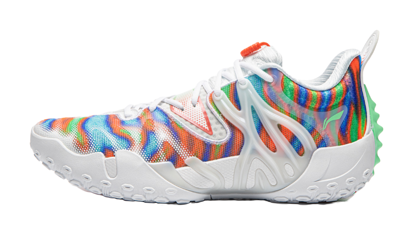 Li-Ning unisex basketball shoe, white base with multicolor upper and orange-red accents