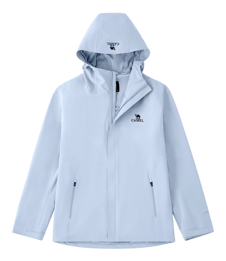 Unisex sky blue hooded windbreaker jacket with front zipper and side pockets