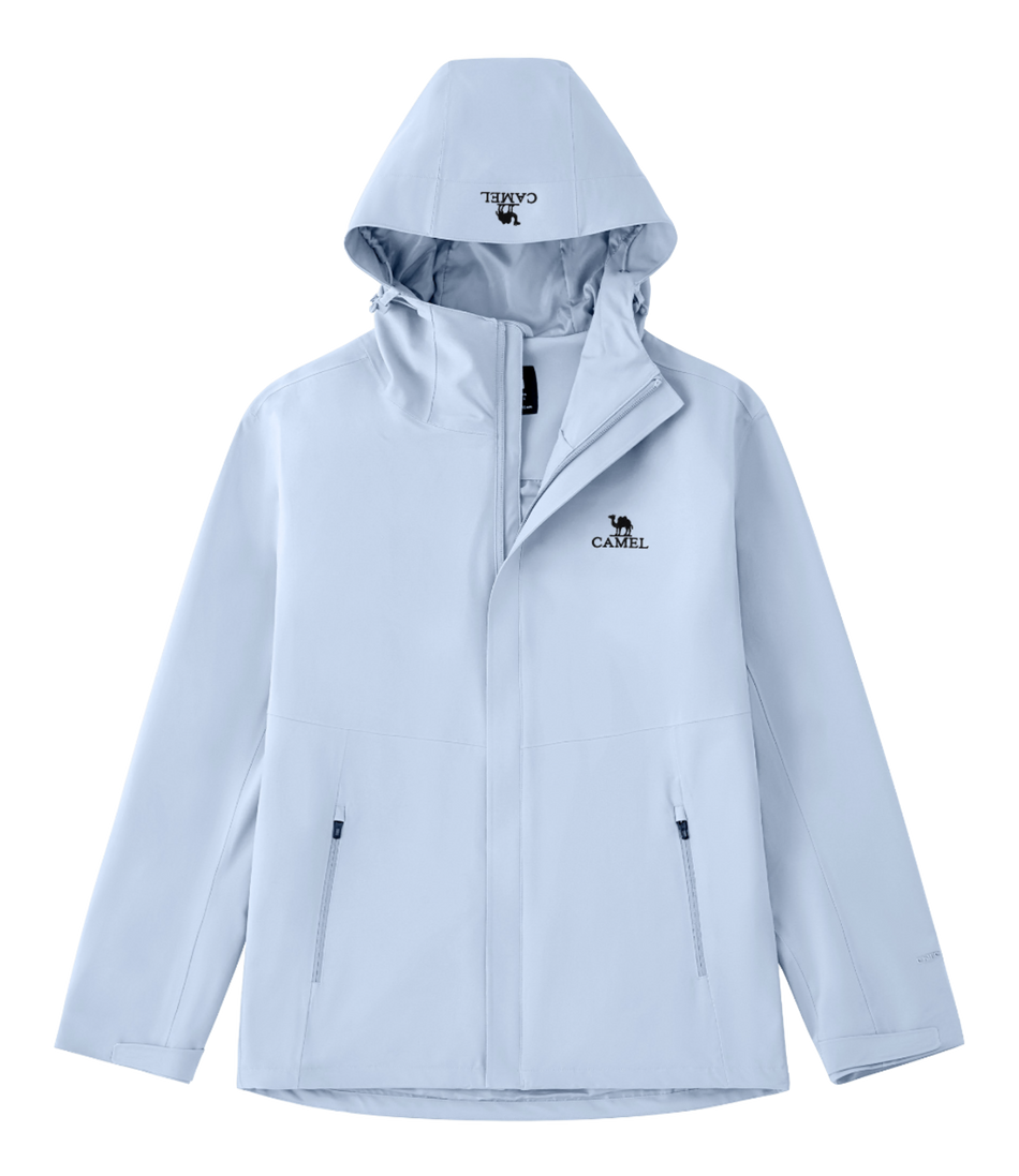 Unisex sky blue hooded windbreaker jacket with front zipper and side pockets