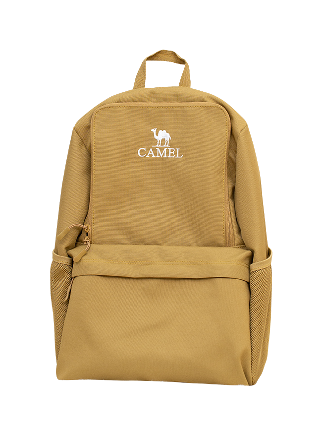 Tan 18L outdoor backpack with front zip pocket and top handle, CAMEL logo.