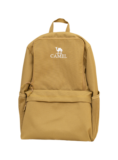 Tan 18L outdoor backpack with front zip pocket and top handle, CAMEL logo.