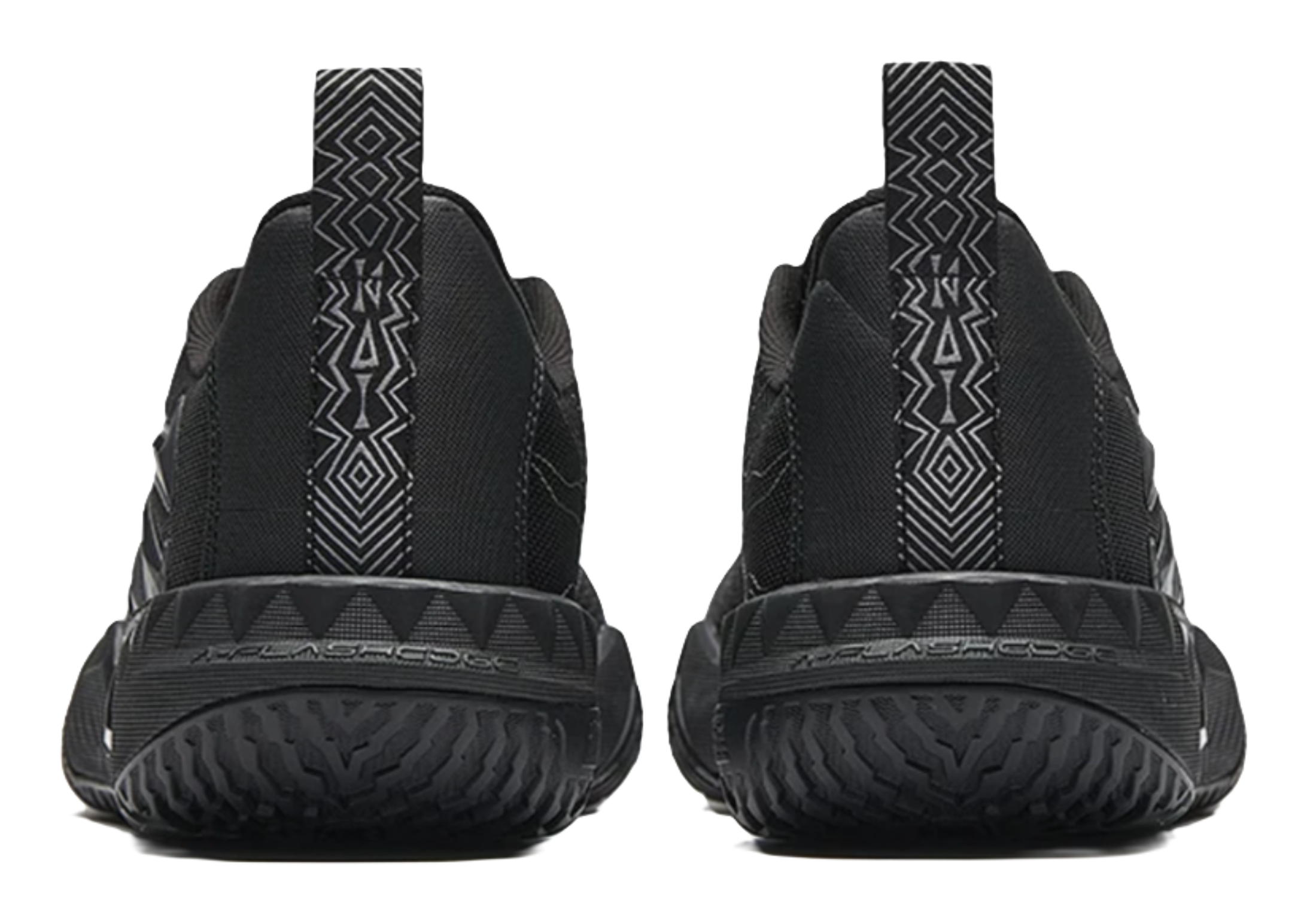 Black low-top basketball shoes, back view with sock-like collar and heel panel