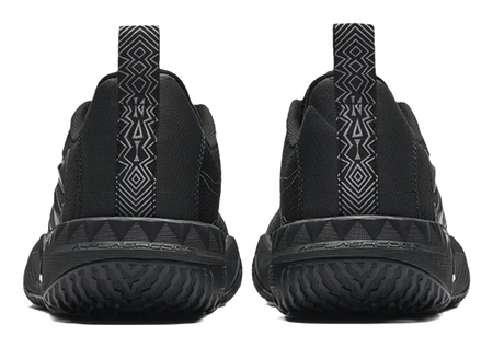 Black low-top basketball shoes, back view with sock-like collar and heel panel
