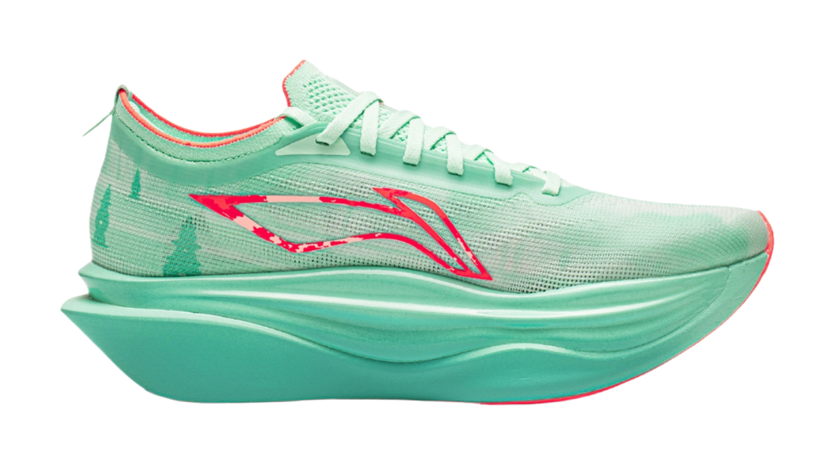 Unisex low-top running shoes, mint green mesh upper with red logo overlays