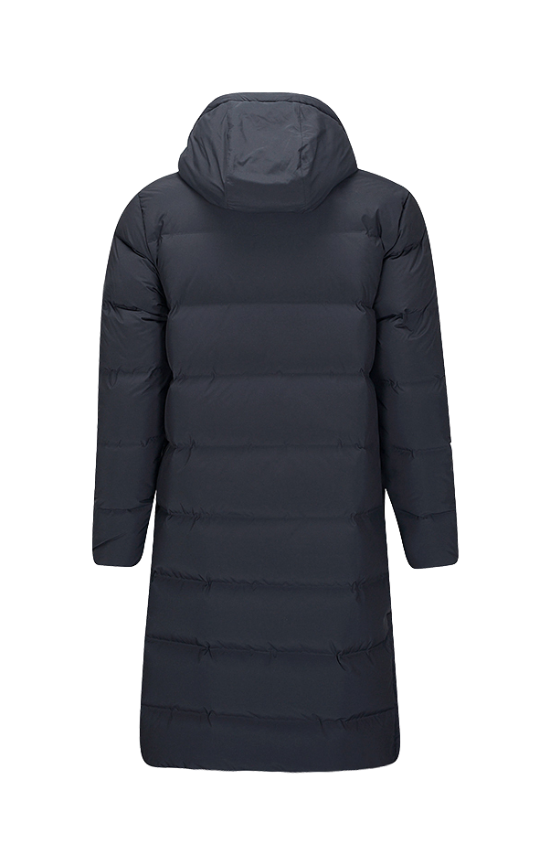 Black hooded long puffer down jacket, rear view, padded baffles and zipper