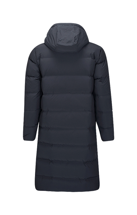 Black hooded long puffer down jacket, rear view, padded baffles and zipper