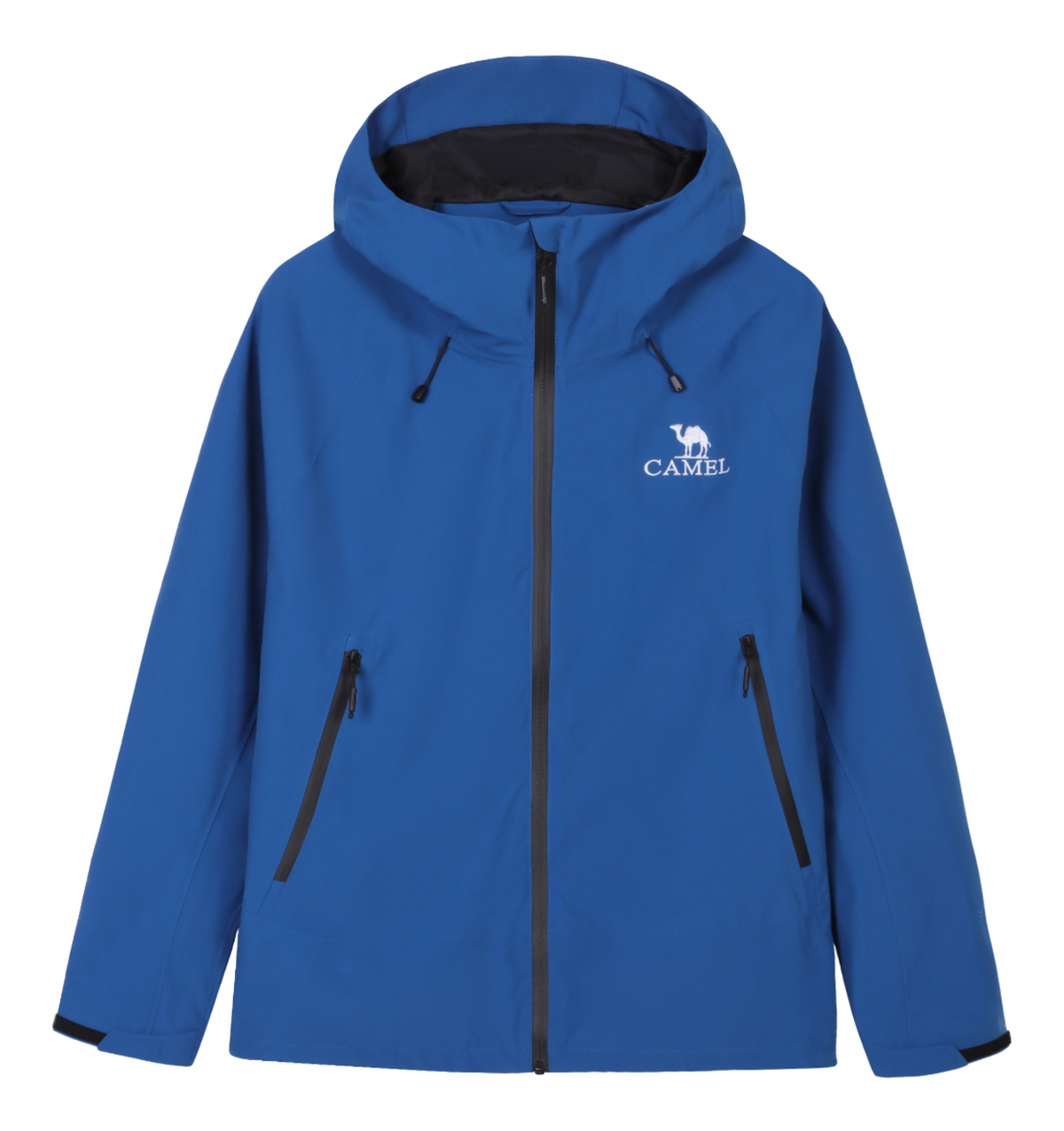 Blue unisex windbreaker jacket with hood, full zip, and two zippered front pockets