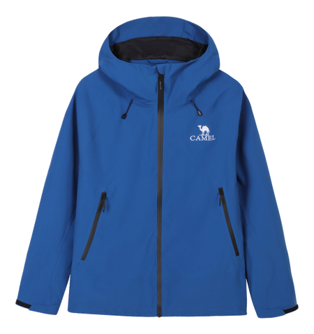 Blue unisex windbreaker jacket with hood, full zip, and two zippered front pockets