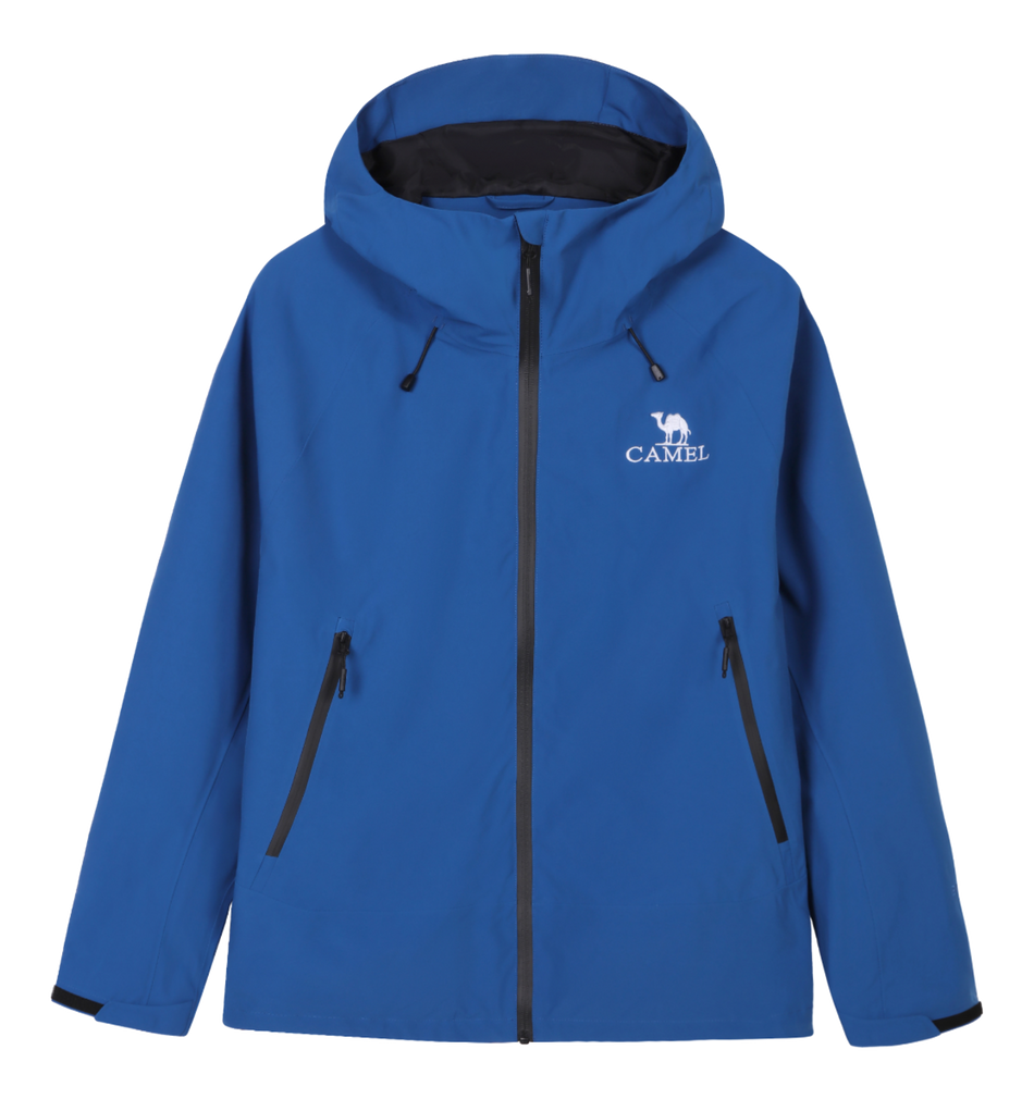 Blue unisex windbreaker jacket with hood, full zip, and two zippered front pockets