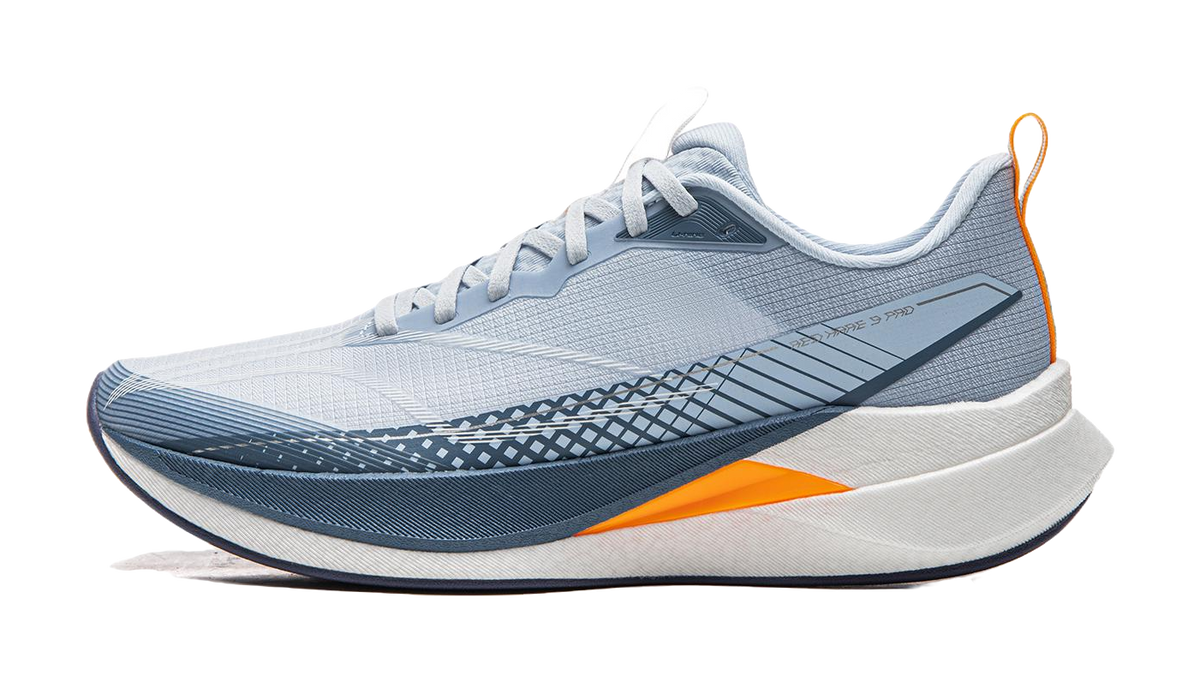 Light blue running shoe with navy stripe design and orange heel accent