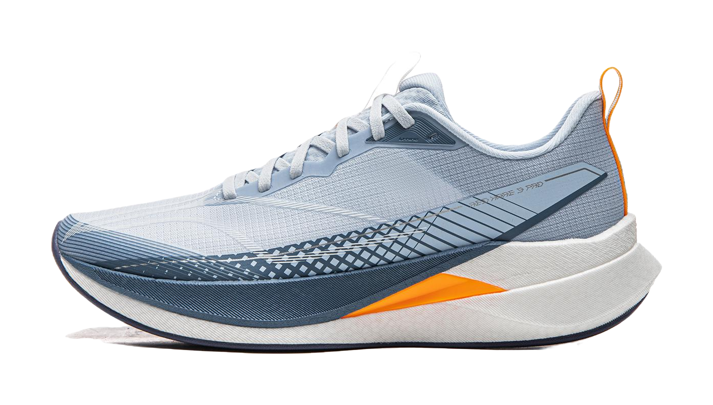 Light blue running shoe with navy stripe design and orange heel accent