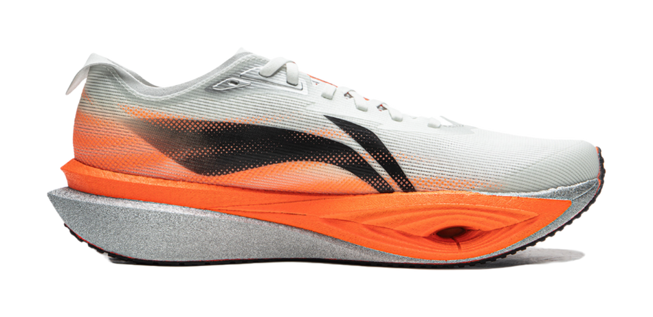 Carbon plate running shoes side view with dusty orange midsole and white mesh upper