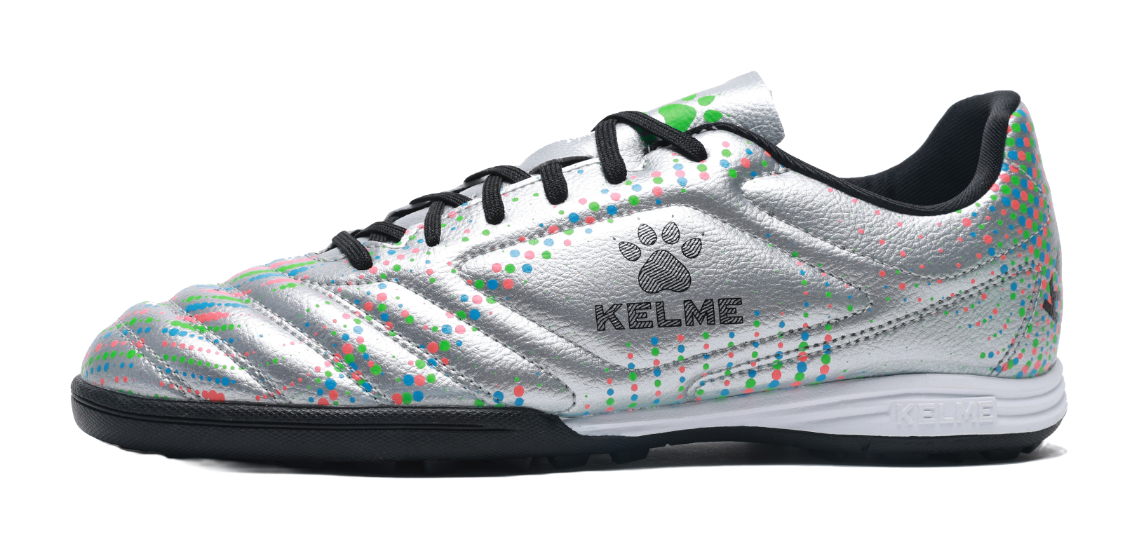 Silver unisex TF turf soccer shoe with black laces and multicolor dot pattern, KELME