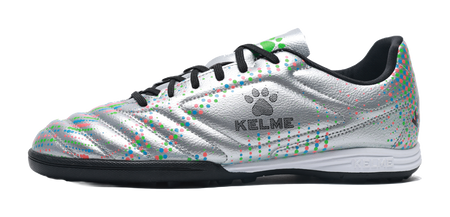 Silver unisex TF turf soccer shoe with black laces and multicolor dot pattern, KELME
